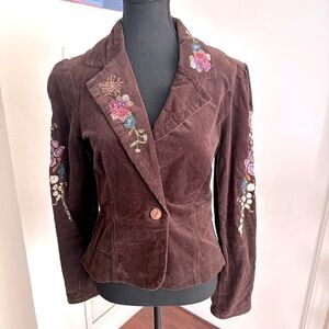 Corduroy structured embroidered floral jacket with sequins.